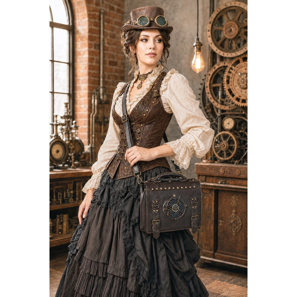 Steampunk Clockwork Gear‎ Satchel Brown Faux Leather Crossbody Bag Brass Studs
